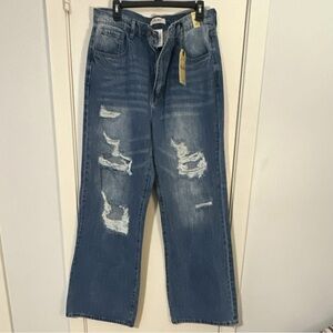 Vibrant Women's Distressed Jeans Blue Denim Button Zip 5-Pocket Design